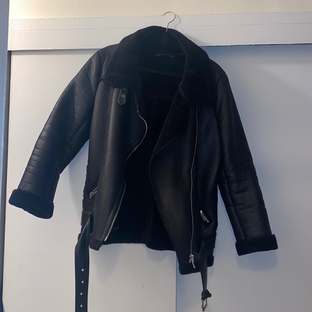 Zara Black Shearling Moto Jacket